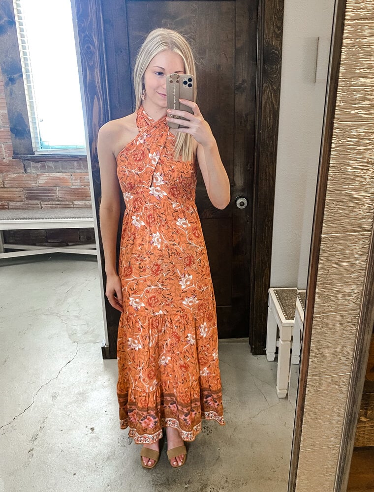 Poppy Floral Halter Dress - Orange