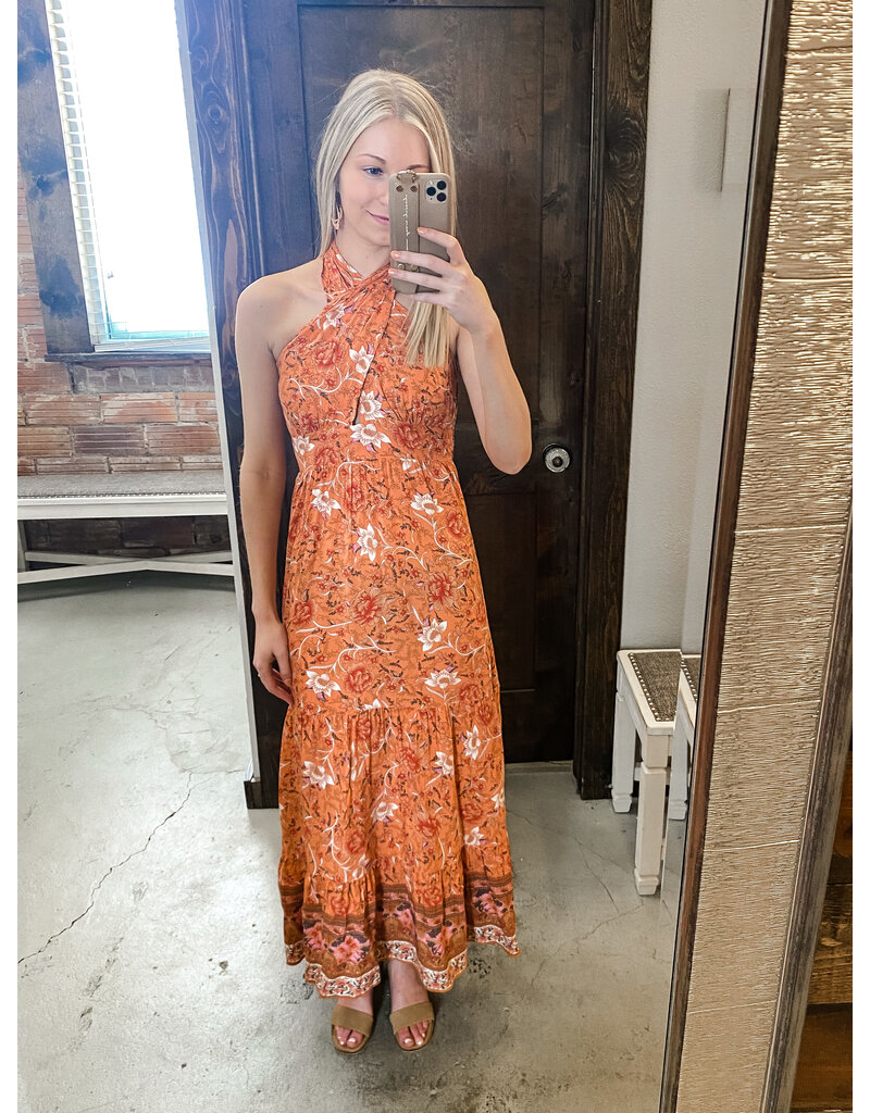Poppy Floral Halter Dress - Orange