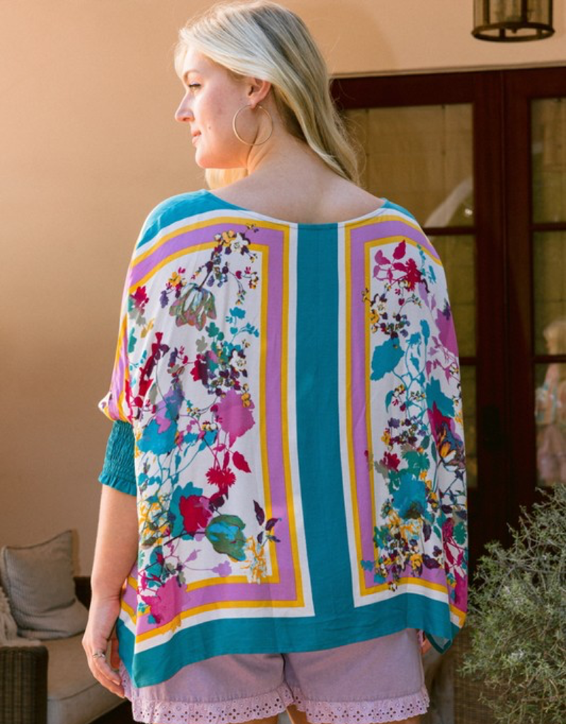 Floral Scarf Pattern Blouse - Turquoise