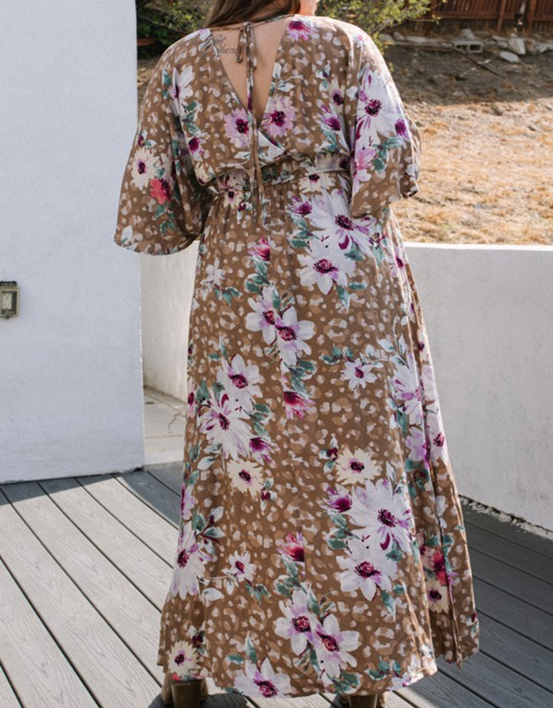 Leopard Floral Print Maxi Wrap Dress - Brown