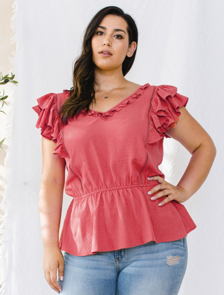 Ruffle Sleeveless V-Neckline Woven Top - Lipstick