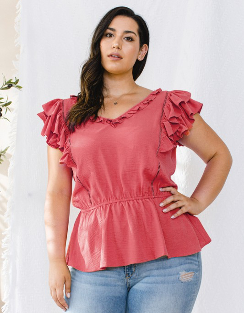 Ruffle Sleeveless V-Neckline Woven Top - Lipstick