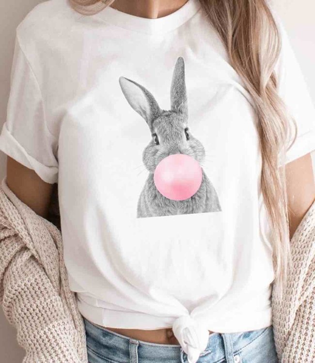 Bubble Gum Blowing Bunny Graphic Tee - White
