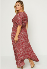 Curvy Floral Ruched Waist Maxi Dress - Red