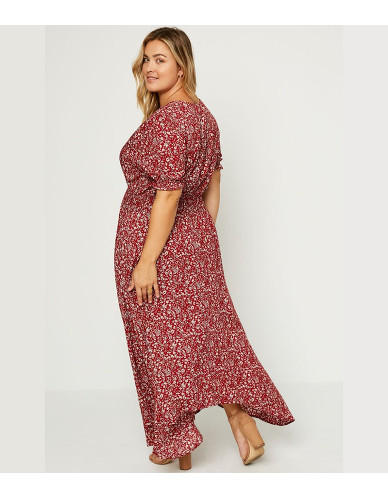 Curvy Floral Ruched Waist Maxi Dress - Red