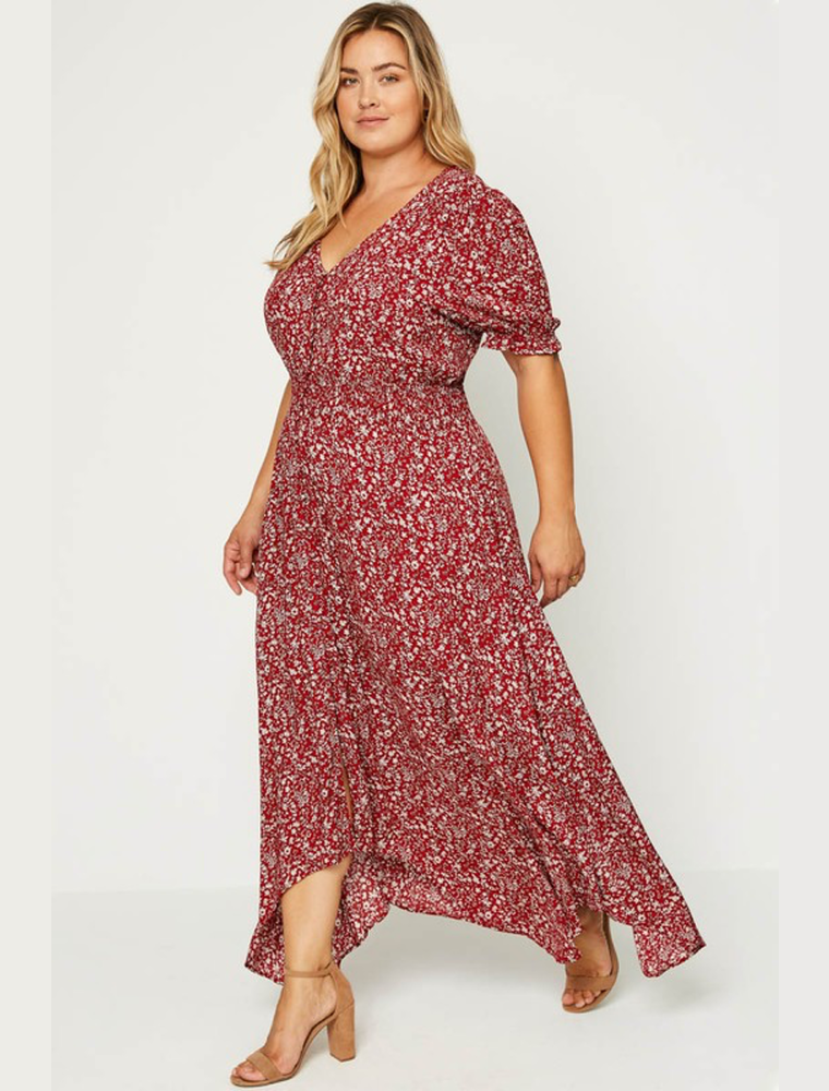 Curvy Floral Ruched Waist Maxi Dress - Red