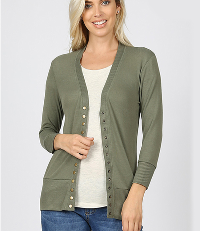 Snap Cardigan 3/4 Sleeve - Light Olive - Boutique 23