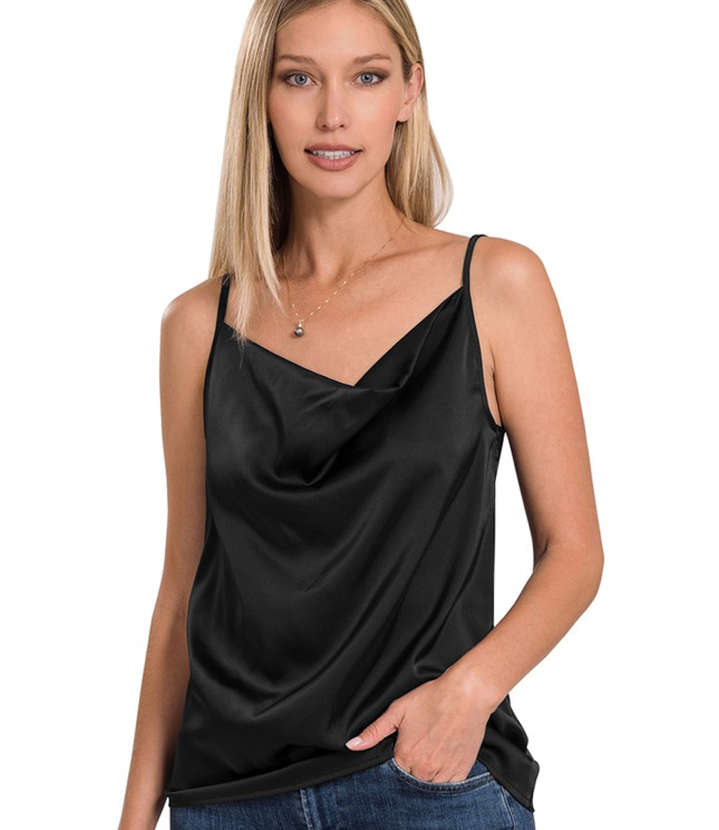 Satin Charmuese Cowl Neck Cami Top Black Boutique 23