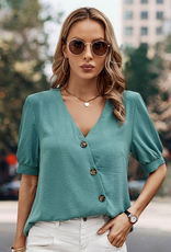 Deep V Neck Solid Button Loose Fit Top - Green