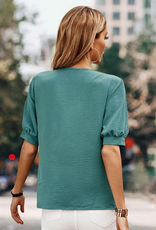 Deep V Neck Solid Button Loose Fit Top - Green