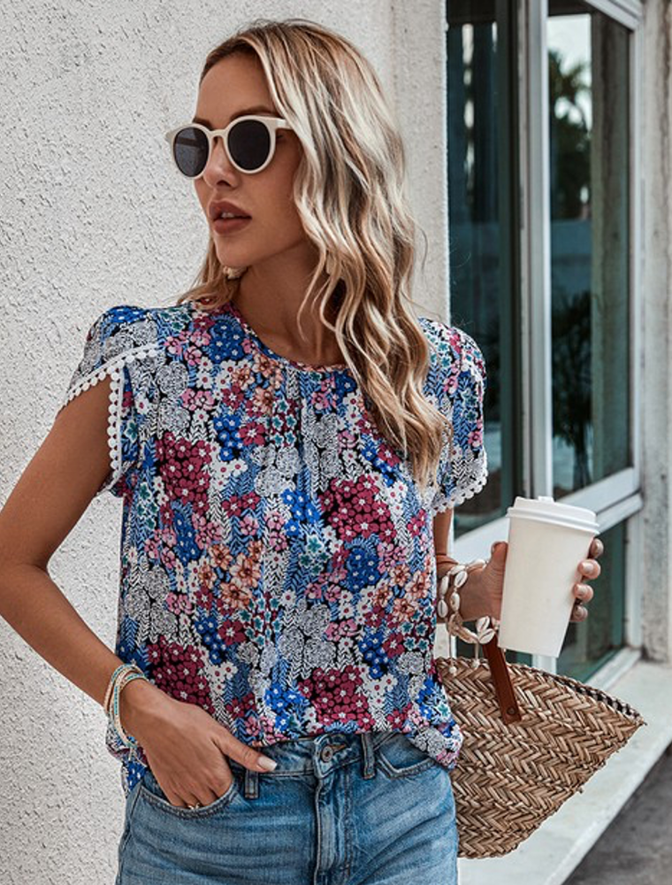 Floral Cross Sleeves Lace Hem Tee - Blue