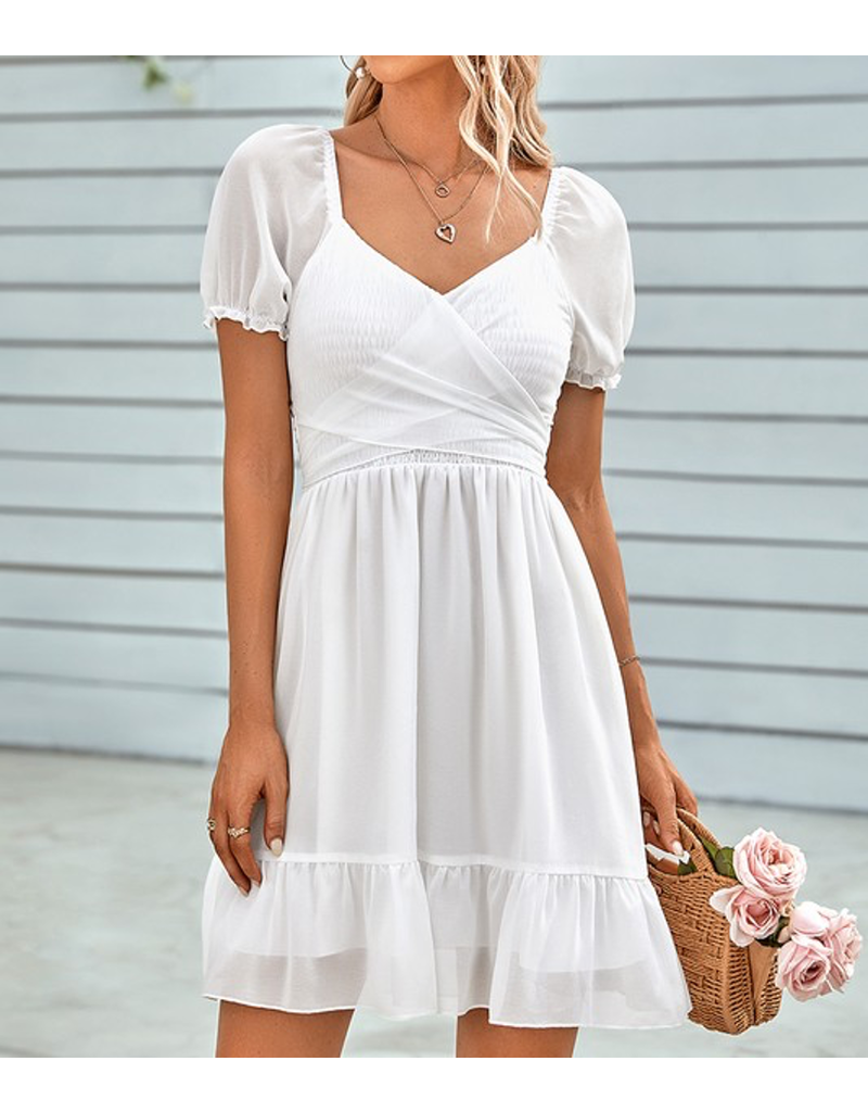 Chiffon Cross Ruffle Dress - White