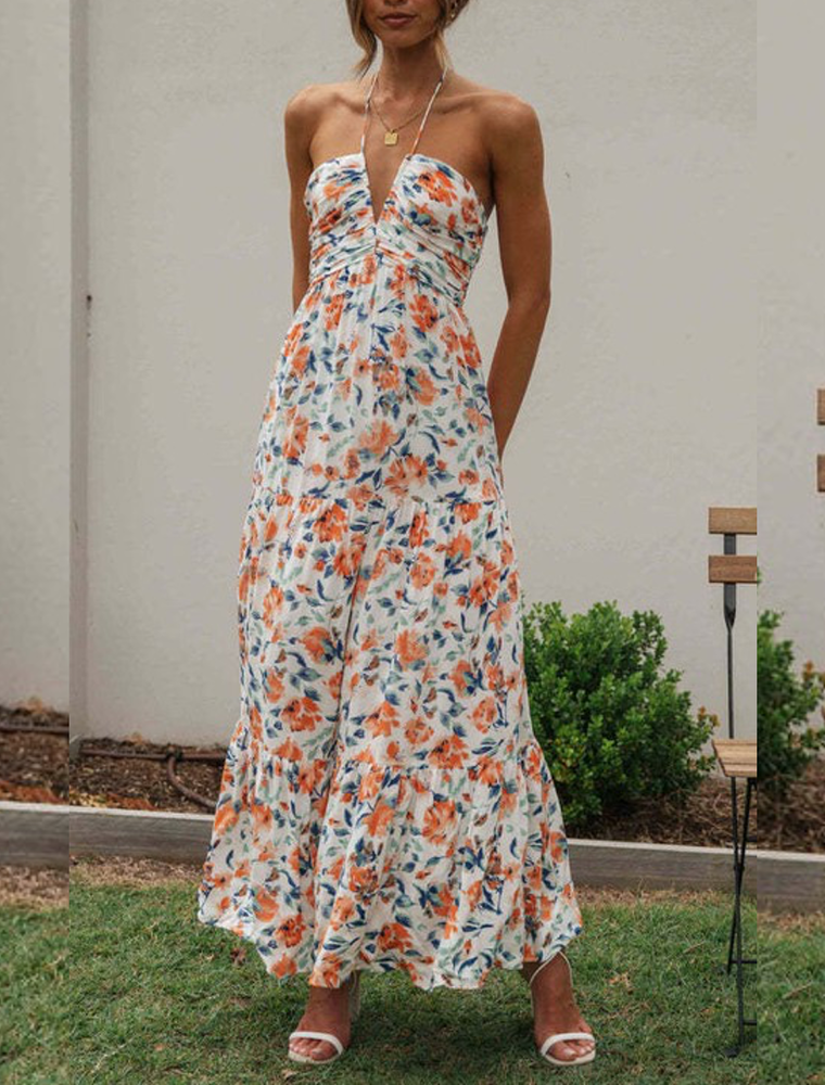 Chiffon V Neck Floral Maxi Dress - Orange