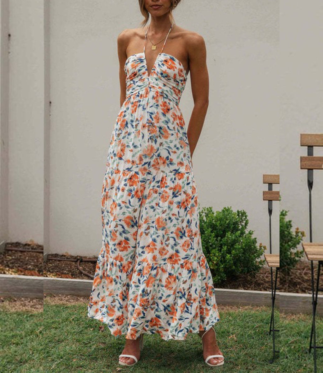 Chiffon V neck Floral Maxi Dress Orange Boutique 23