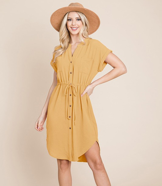 Button Down Solid Drawstring Dress - Yellow
