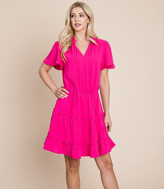 Tiered Tie V Neck Flutter Sleeve Dress - Fuchsia