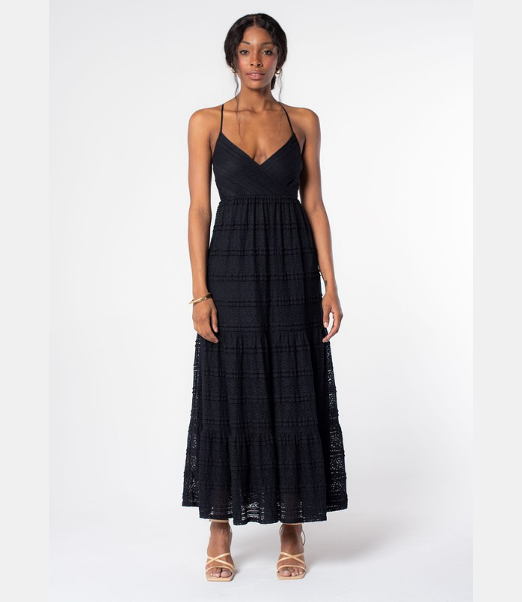 Cross Back Surplice Tiered Lace Maxi Dress - Black - Boutique 23