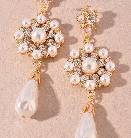 Flower Pearl Bead Rhinestone Dangle Earrings