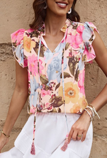 Floral Print Tassel Tie Short Sleeve Blouse