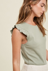 Ribbed Knit Tank With Ruffle Detail - Sage