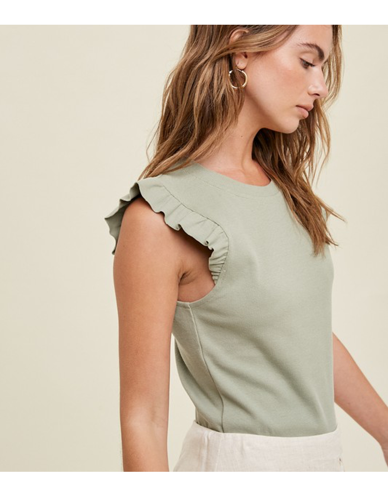 Ribbed Knit Tank With Ruffle Detail - Sage