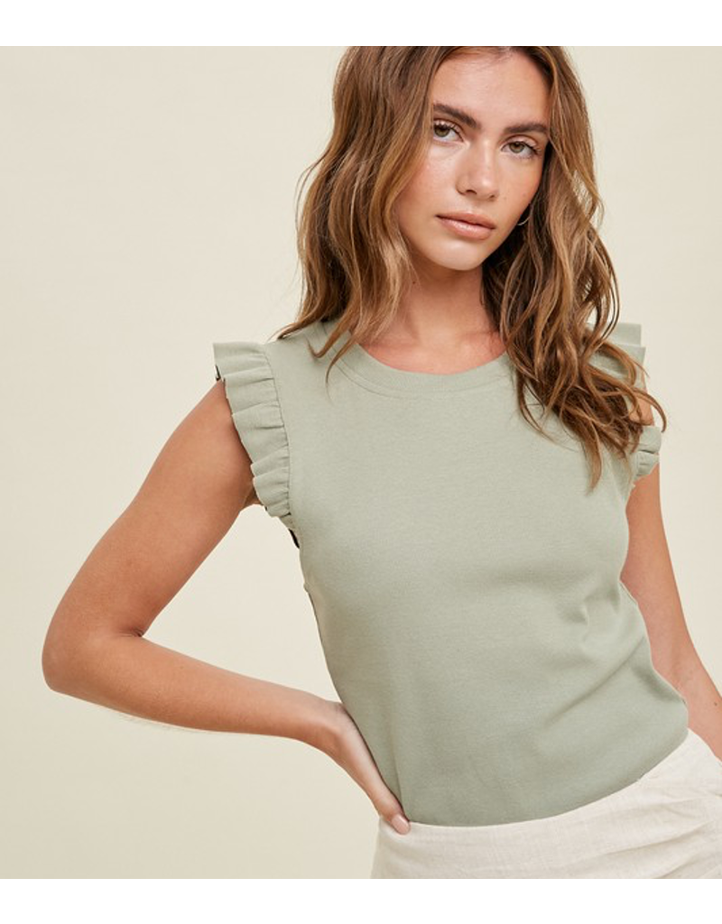 Ribbed Knit Tank With Ruffle Detail - Sage