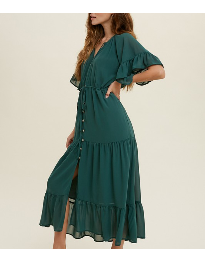 Flutter Sleeve Midi Dress - T. Green