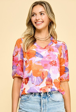 Abstract Floral Printed Top With Ruffled V Neck