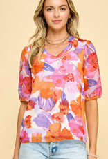 Abstract Floral Printed Top With Ruffled V Neck