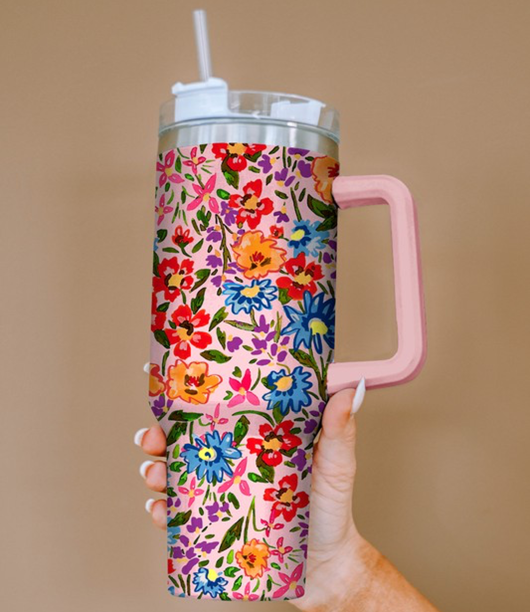 Tumbler with Straw, Mosaic Floral - Steel Mill Gifts