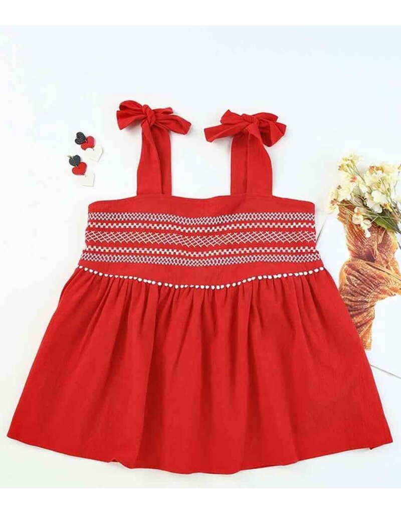 Embroidered Babydoll Tie Strap Tank - Red