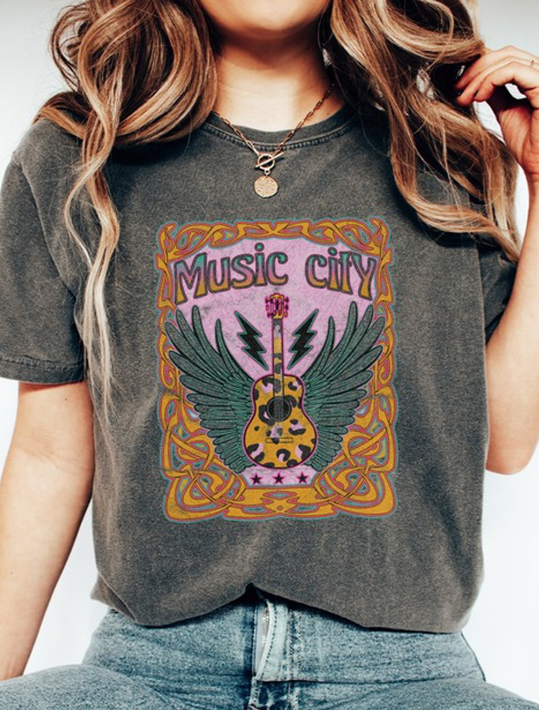 Music City Leopard Comfort Colors Graphic Tee - Pepper