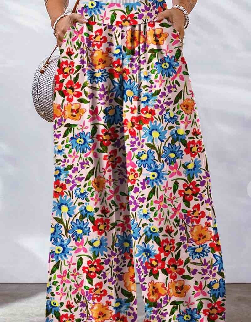 Multicolor Floral Print Pocketed Oversized Pants
