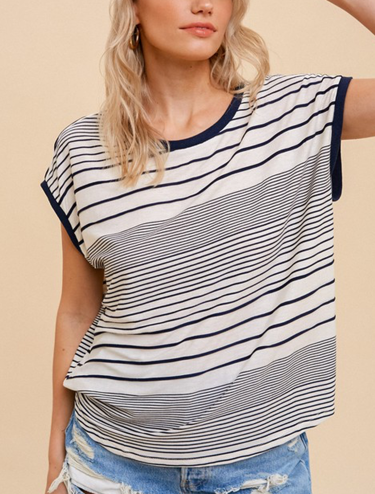 Stripe Mixed Knit Relaxed Top - White