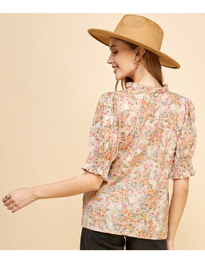 Floral Printed Top With Ruffled Neck Detail - Natural