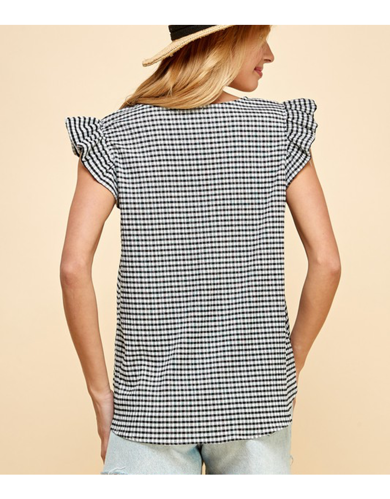 Ruffled Short Sleeved Checkered Printed Top