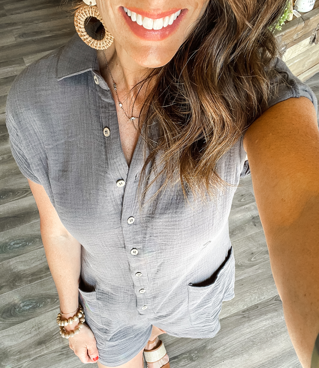 Cotton Gauze Button Down Romper Charcoal Boutique 23