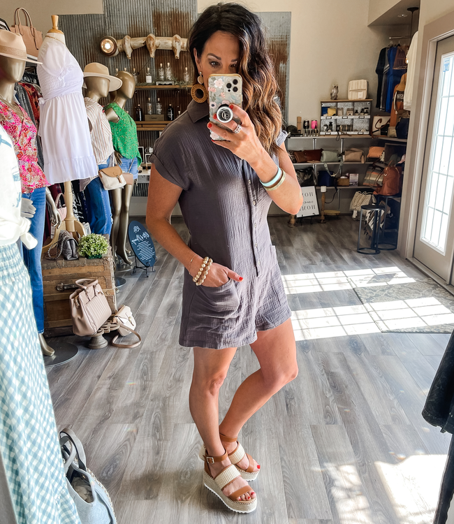 Cotton Gauze Button Down Romper Charcoal Boutique 23