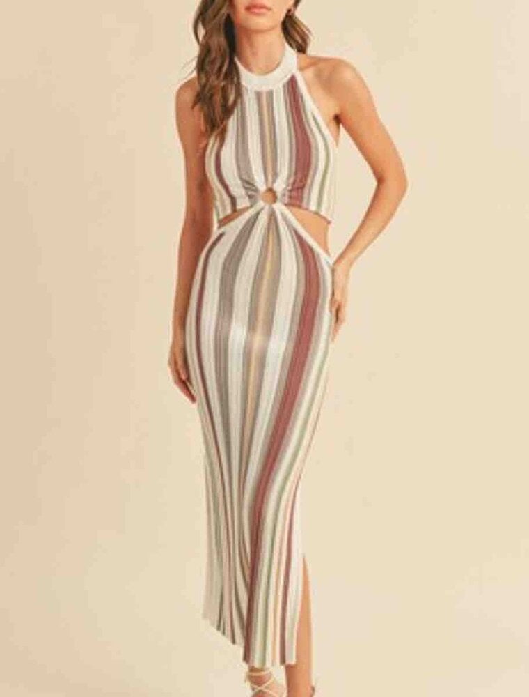 Multi Color Stripe Pattern Knit Dress - Lavender