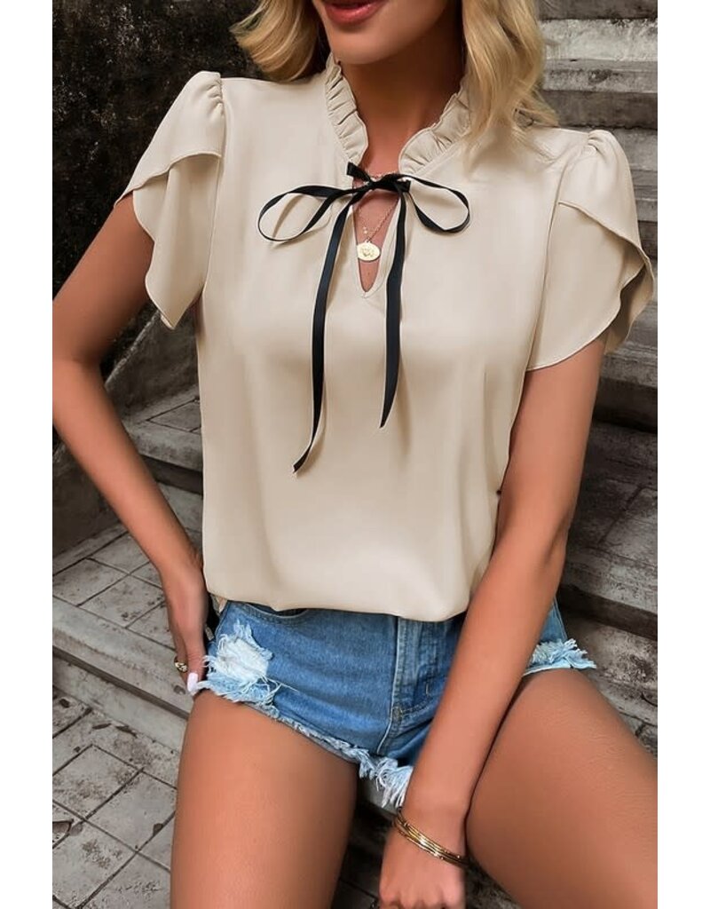 Solid Ruffle Cut Out Knot Neck Loose Fit Top