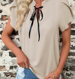 Solid Ruffle Cut Out Knot Neck Loose Fit Top