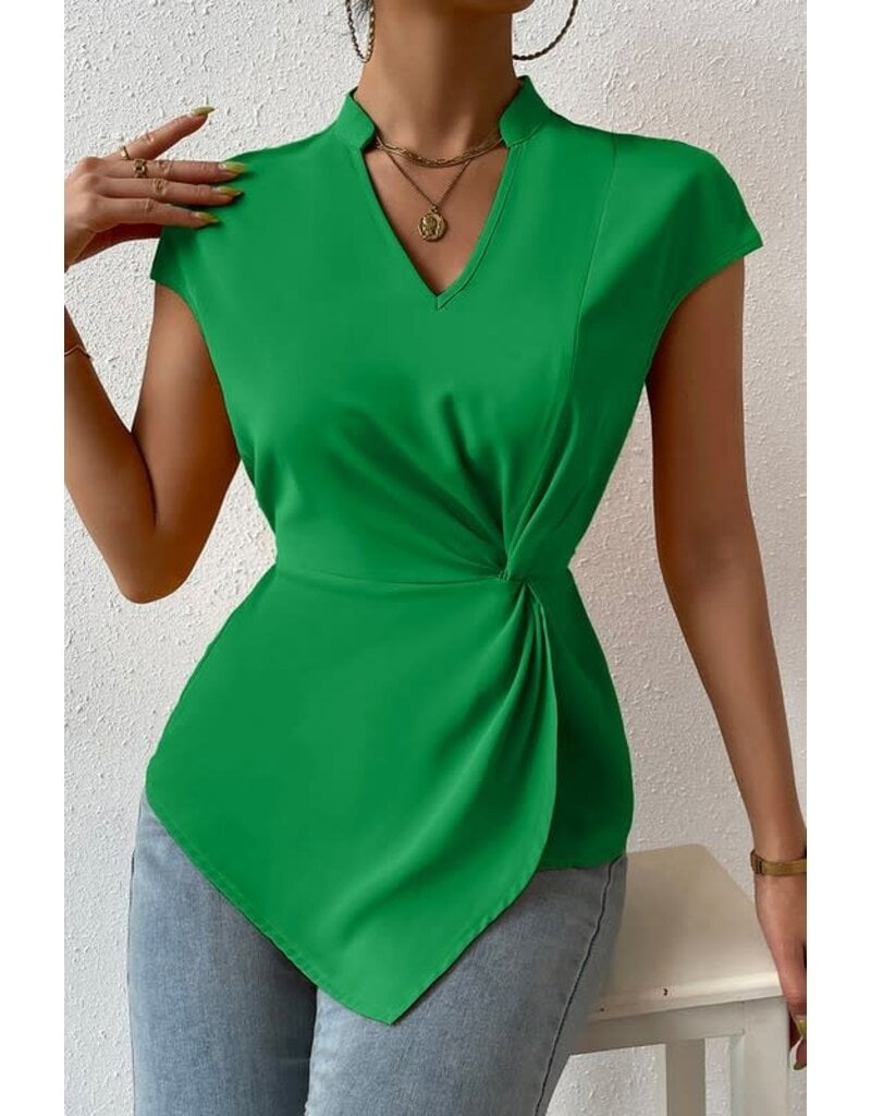 Ruched Cross Fit V Cut Knot Blouse - Green