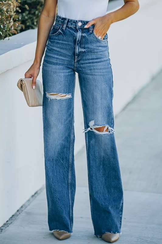 Ripped Denim Jeans Women Long Flare Trousers Wide Leg Pants Broken  Destroyed Baggy Aesthetic Female Palazzo Knee Cut Big Hole 211129