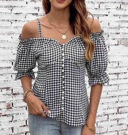 Sweetheart Gingham Cold Shoulder Blouse - Black