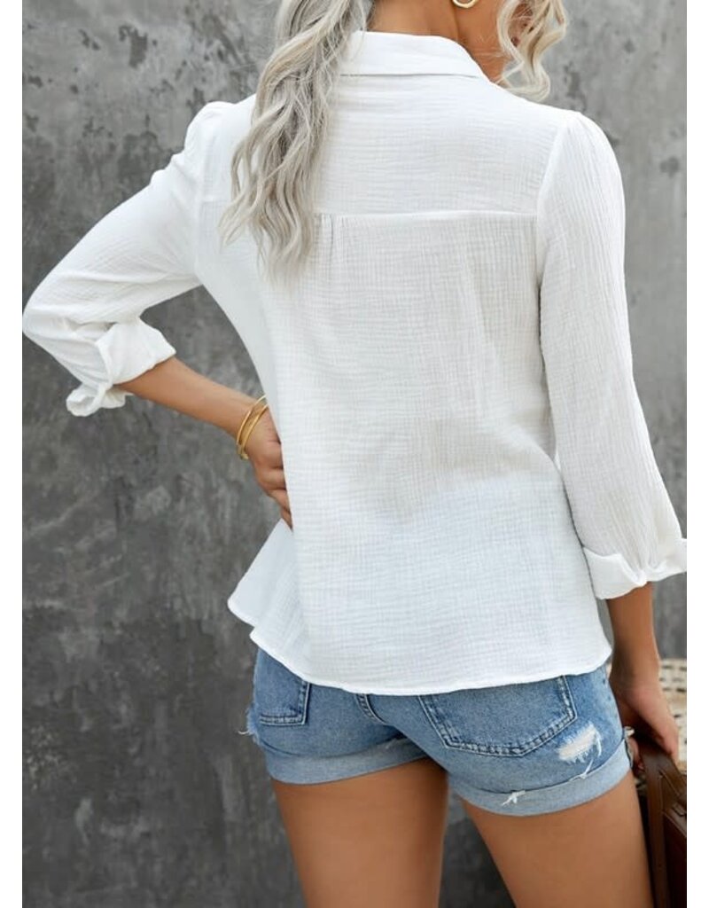 Lace Hollow-out Splicing Crinkled Shirt - White