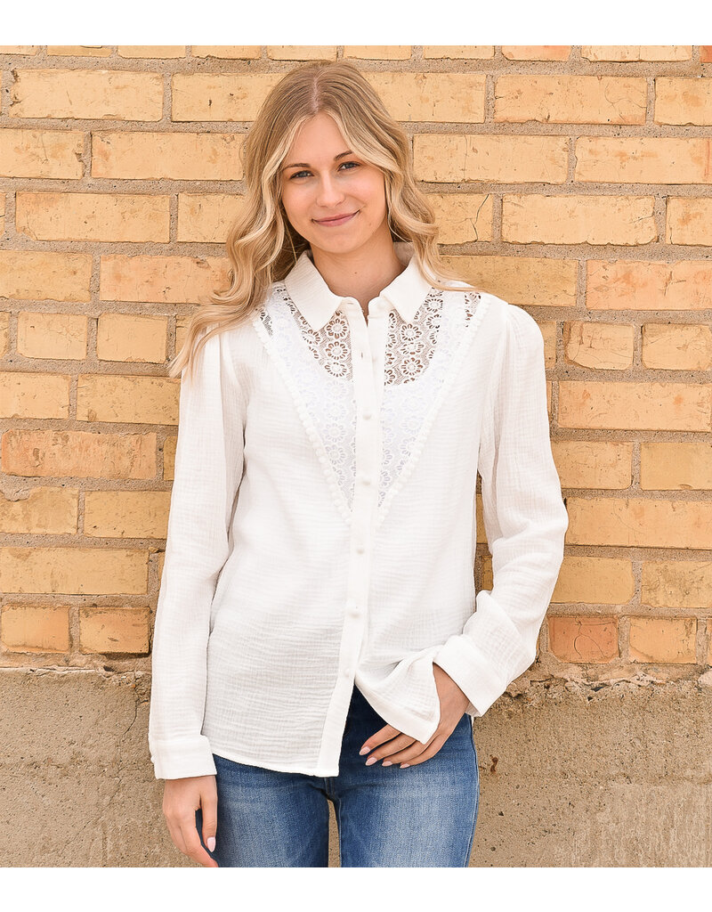 Lace Hollow-out Splicing Crinkled Shirt - White