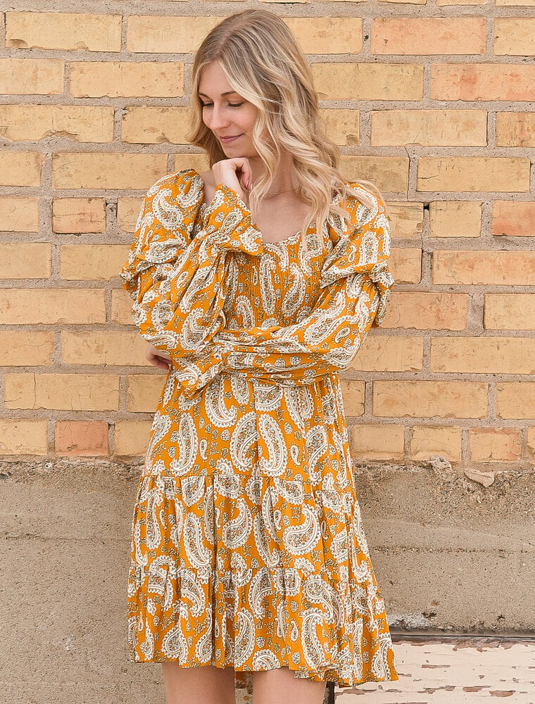 Boho Paisley Long Sleeve Floral Dress - Yellow