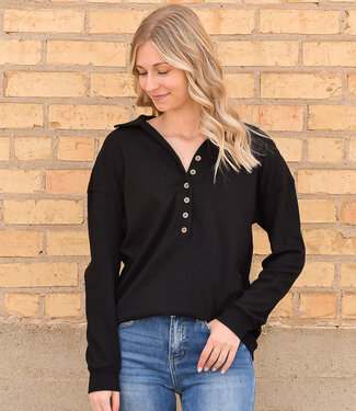Button Front Turn-Down Neck Knit Top - Black