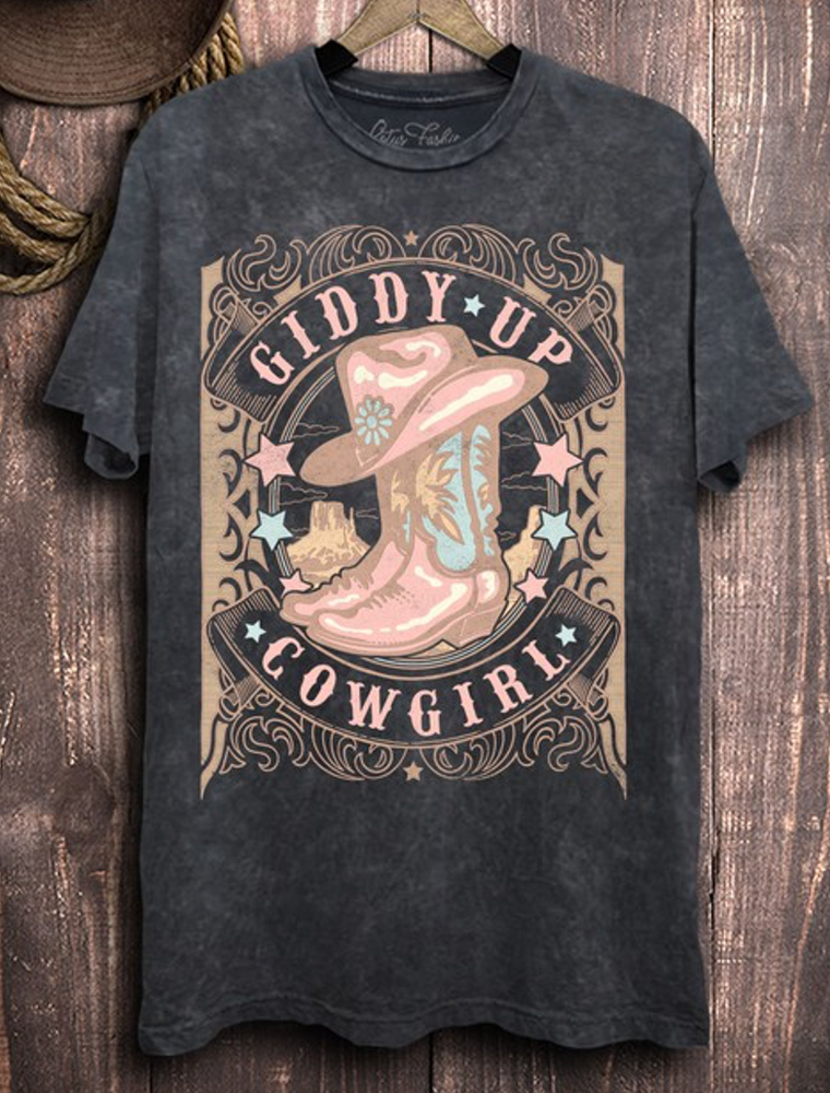 Giddy Up Cowgirl Graphic Top - Vintage Black