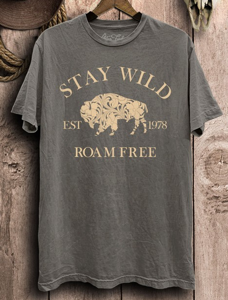 Stay Wild Roam Free Graphic Top - Stone Grey